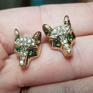 Green Eyed Fox Earrings Silver or Gold Tone